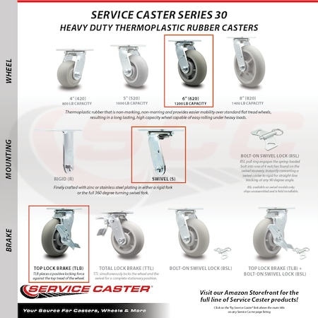 Service Caster 6 Inch SS Thermoplastic Rubber Swivel Caster Set with Roller Bearing 2 Brake SCC SCC-SS30S620-TPRRD-2-TLB-2
